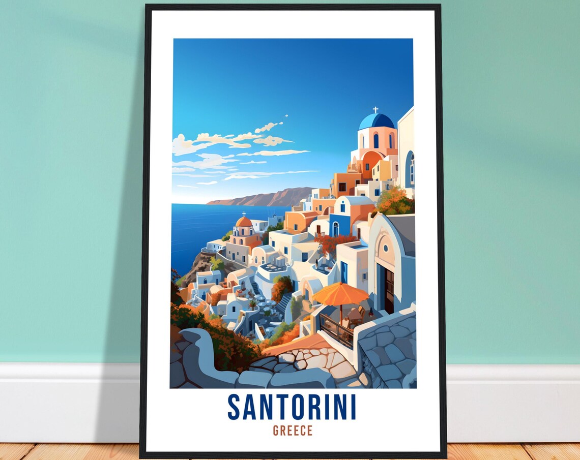 Santorini Greece Oia White Village Blue Dome Aegean Travel Poster