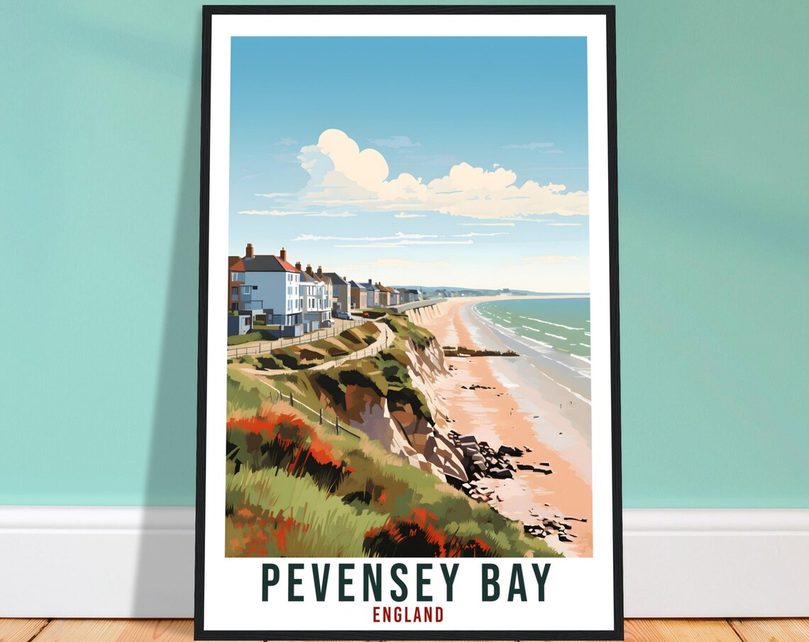 Pevensey Bay England Coastal Cliffs Beach Vintage Travel Poster