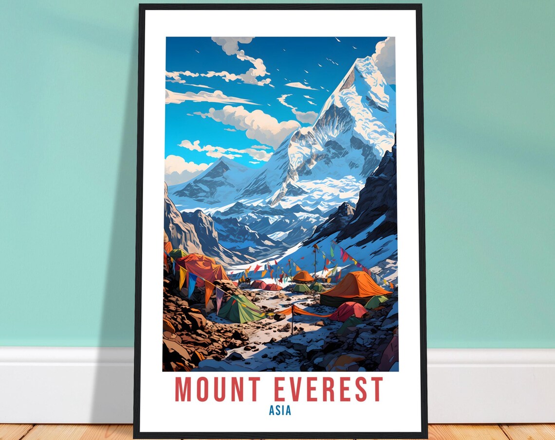 Mount Everest Asia Base Camp Tents Prayer Flags Peak Travel Poster
