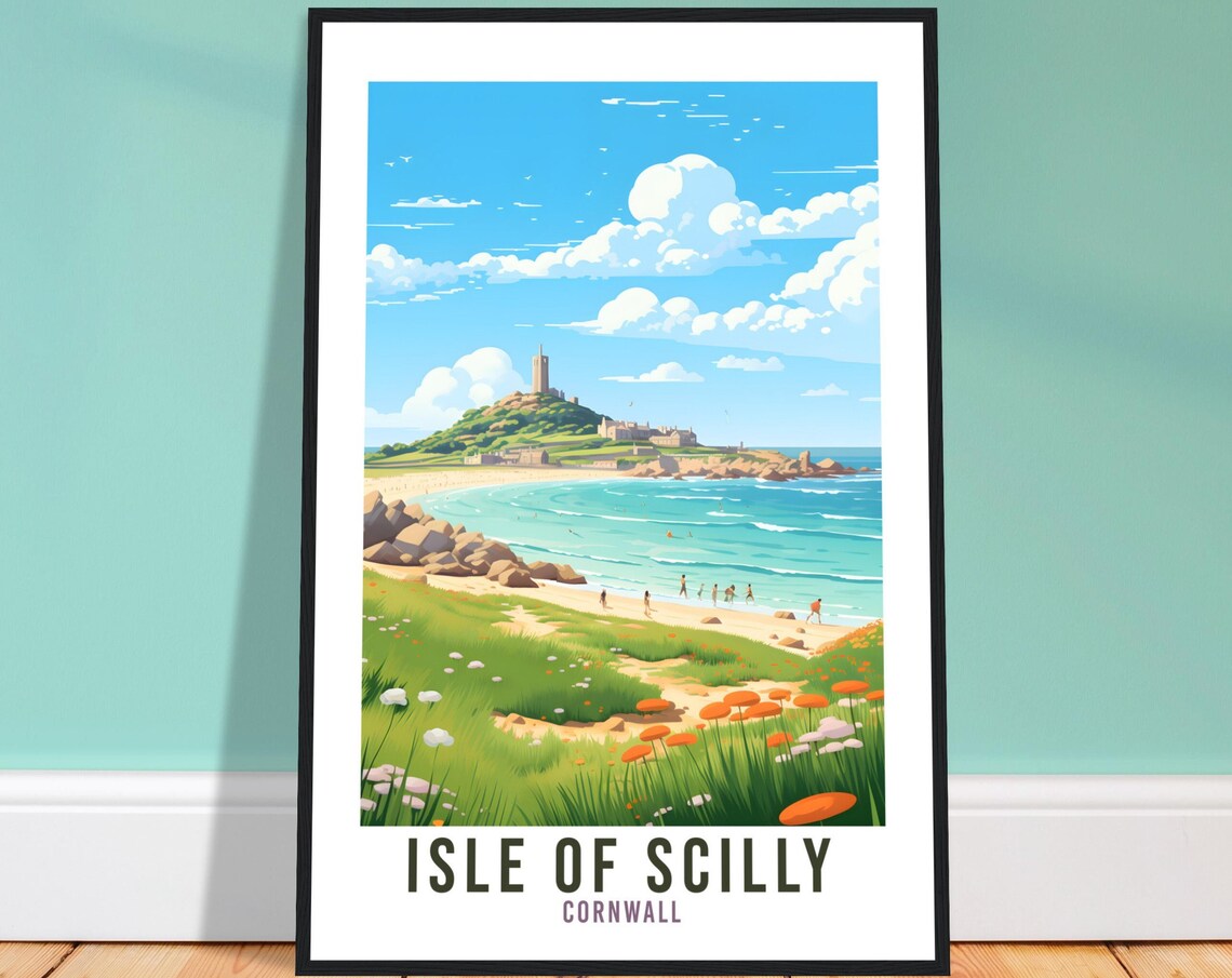 Isle of Scilly Cornwall Sandy Beach Island Retro Travel Poster Art