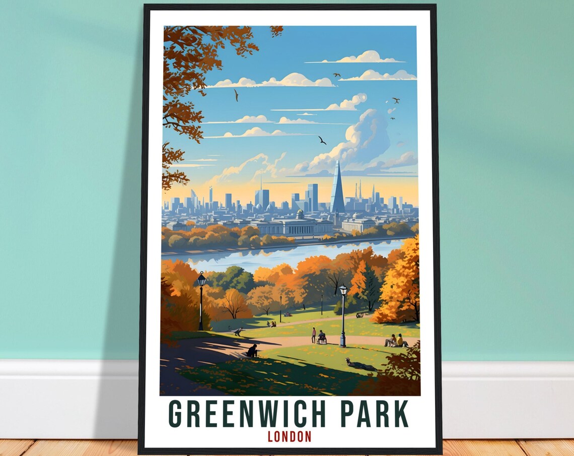 Greenwich Park London Autumn Golden Hour Skyline Travel Poster