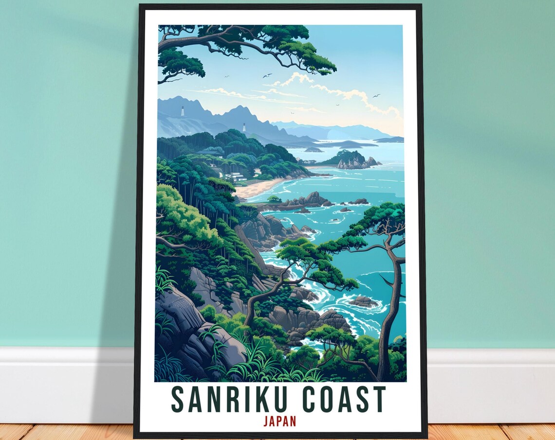 Sanriku Coast Japan Rugged Pine Cliffs Turquoise Travel Poster