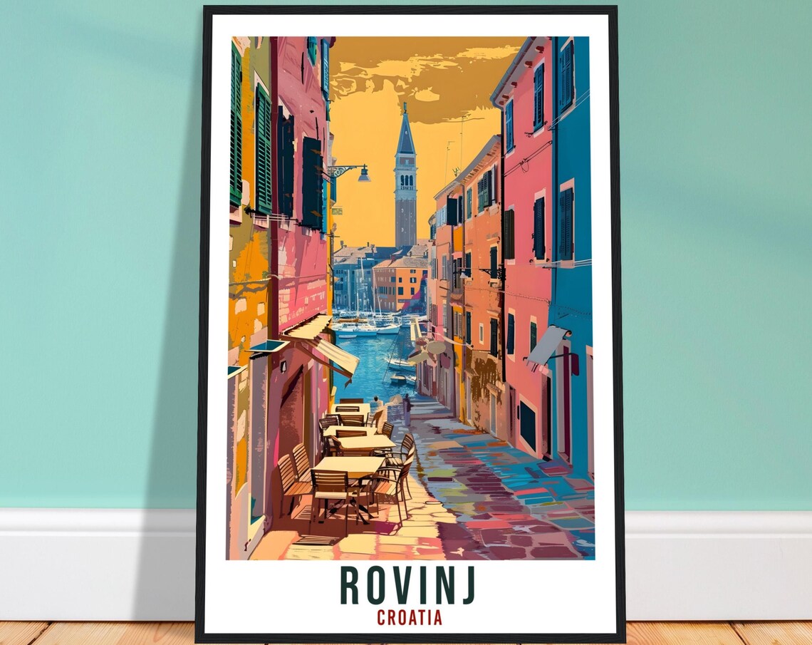 Rovinj Croatia Old Town Canal Bright Colorful Retro Travel Poster