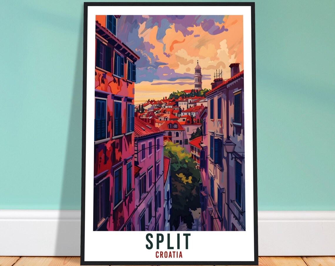 Split Croatia Sunset Alley Vintage Travel Poster with Bell Tower