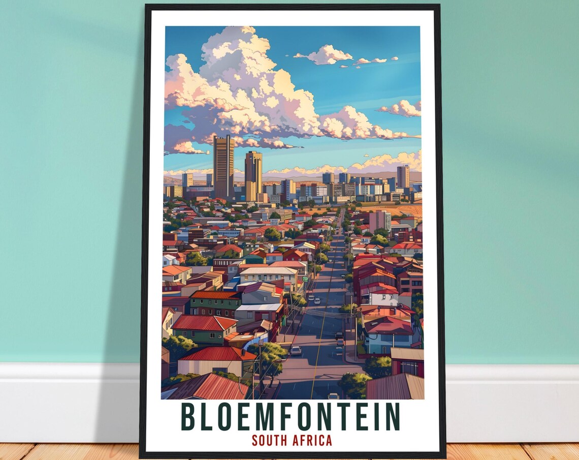 Bloemfontein South Africa City Avenue Red Roofs Skyline Travel Poster
