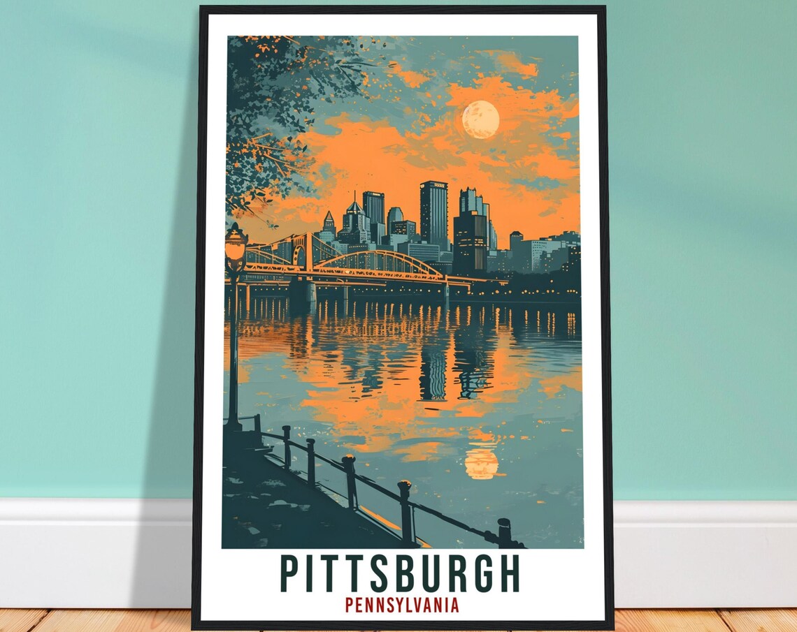 Pittsburgh Moonlit Bridge River Skyline Pennsylvania Vintage Poster