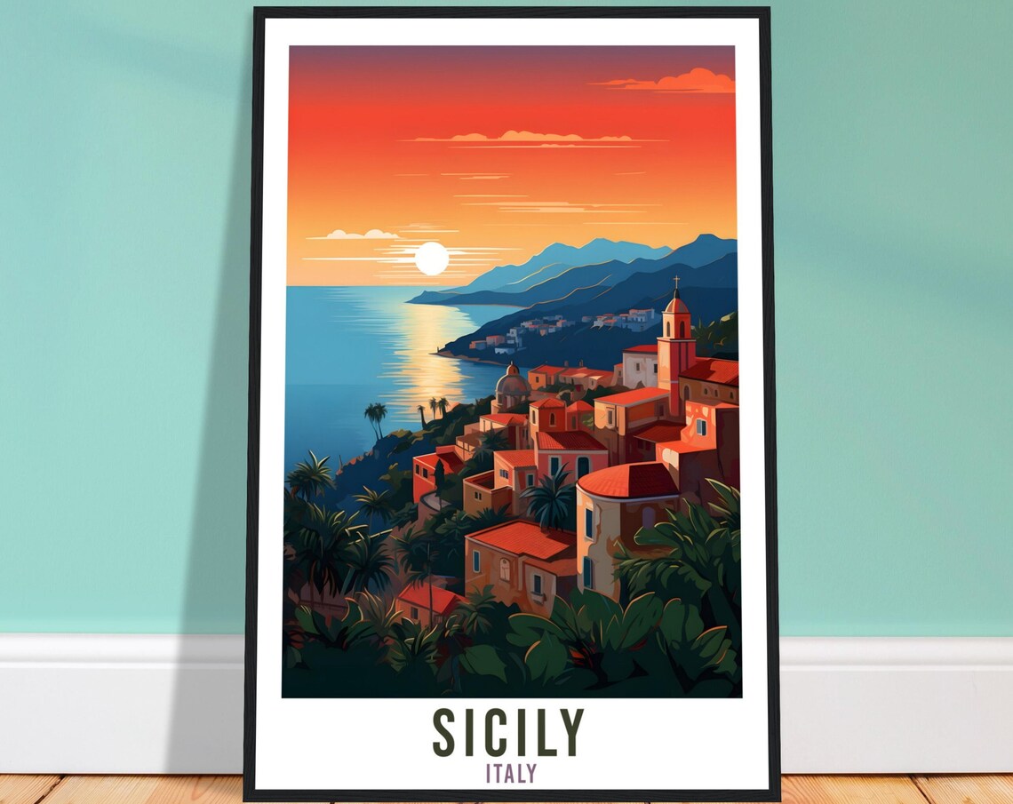 Sicily Italy Sunset Coast Travel Poster Mediterranean Village View