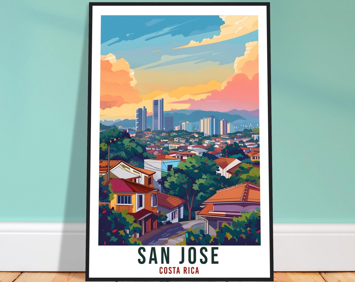San Jose Costa Rica City Valley Rooftops Sunset Vintage Travel Poster Art