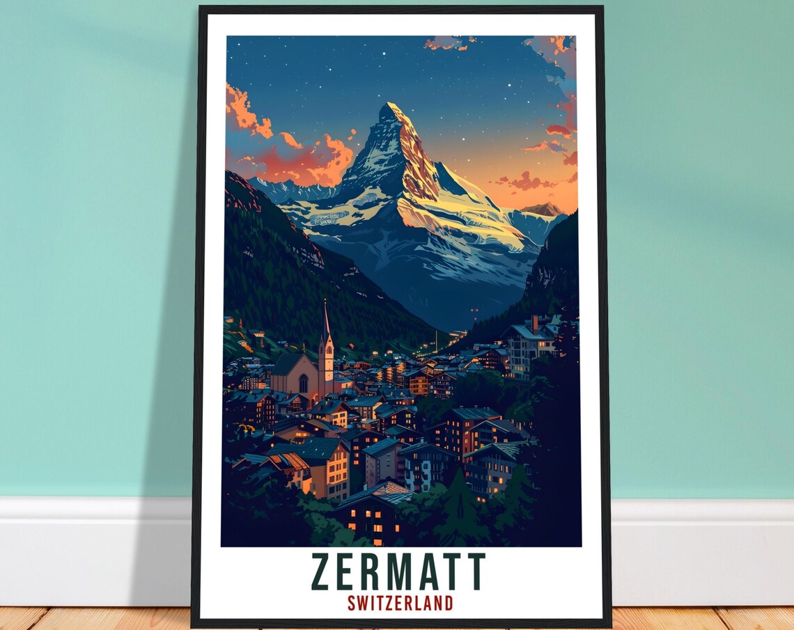 Zermatt Switzerland Matterhorn Peak Village Night Glow Travel Poster