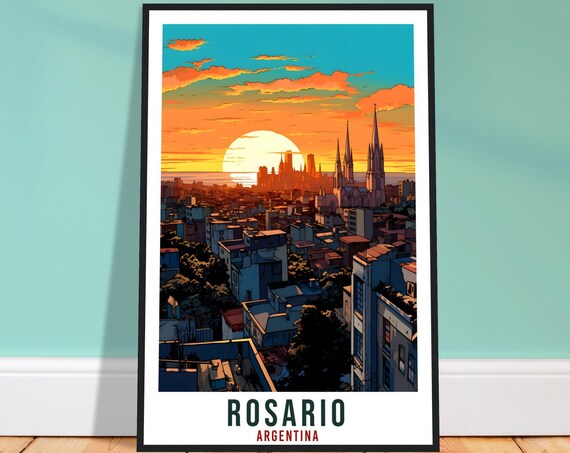 Rosario Argentina Sunset City Skyline Cathedral Retro Travel Poster