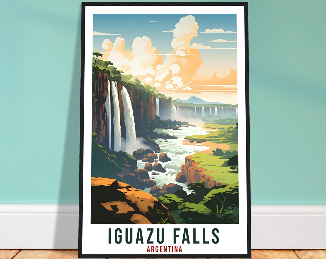 Iguazu Falls Argentina Waterfall Cliffs Jungle Retro Travel Poster