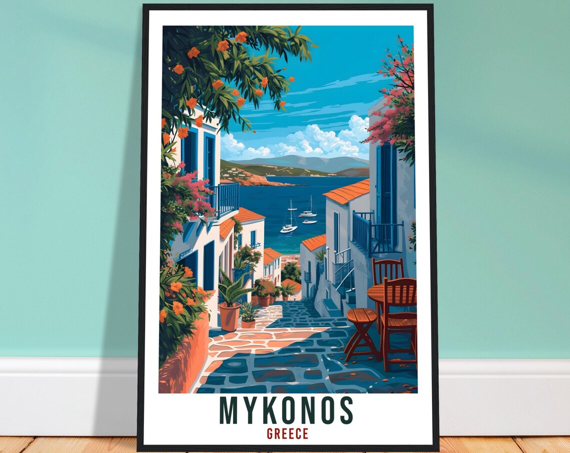 Mykonos Greece Cobblestone Alley Coastal Aegean Village Travel Poster