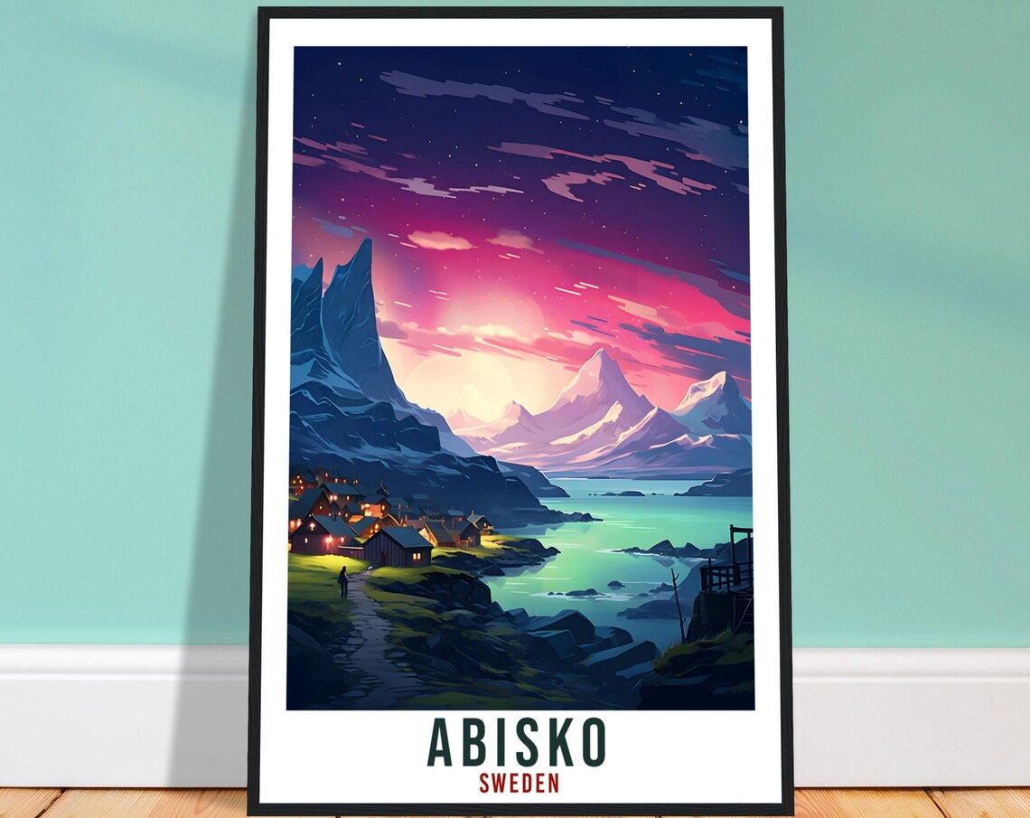 Abisko Sweden Northern Lights Coastal Village Night Sky Poster