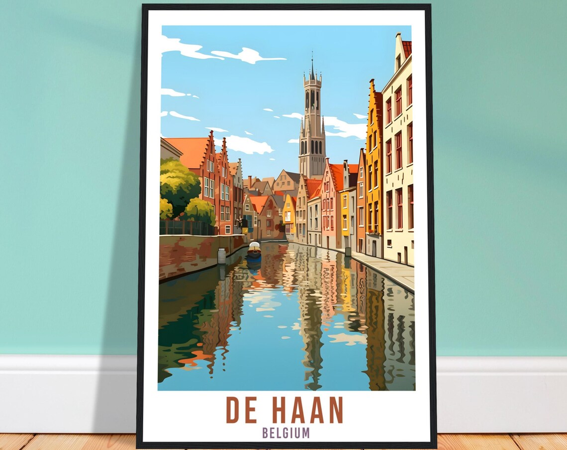 De Haan Belgium Canal Travel Poster Vintage Belfry Reflection Art