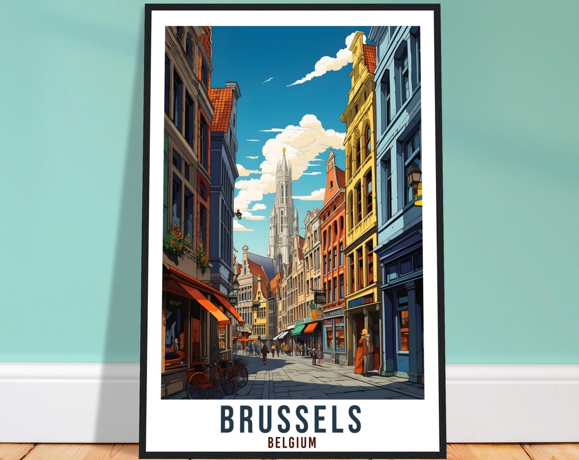Brussels Belgium Old Town Travel Poster Colorful Street Scene