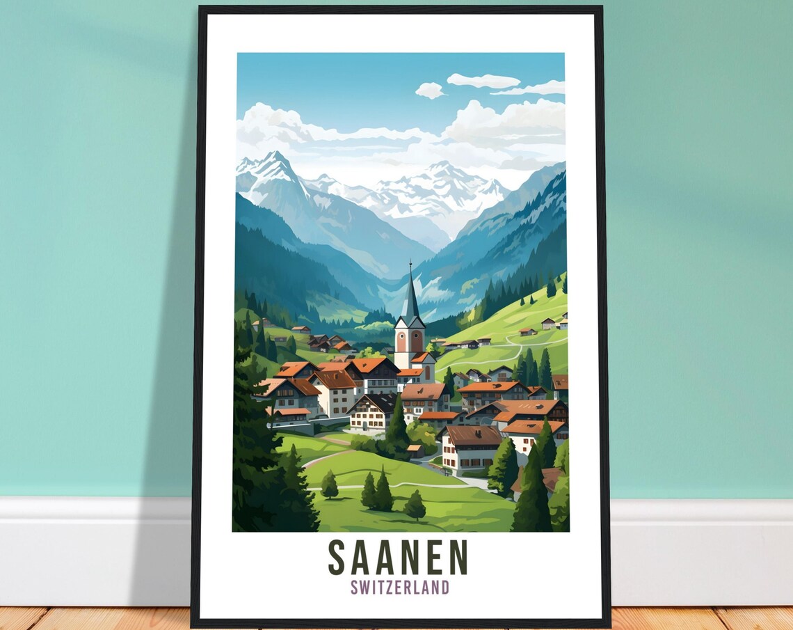 Saanen Switzerland Alpine Village Mountain View Vintage Travel Poster