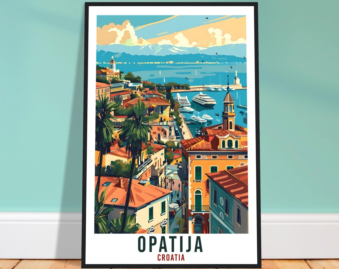 Opatija Croatia Vintage Travel Poster Harbor Palm Riviera View