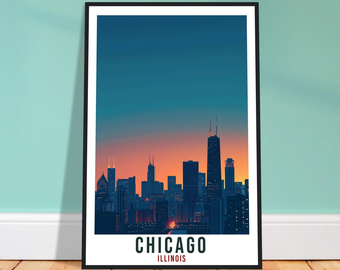 Chicago Illinois Skyline Dusk Willis Tower Orange Glow Poster