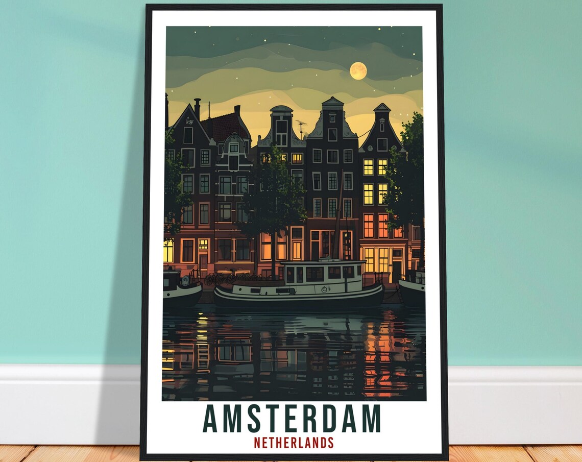 Amsterdam Netherlands Canal Houses at Dusk Moonlit Water Travel Poster