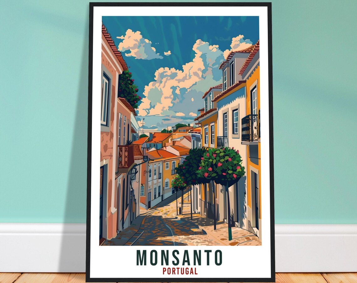 Monsanto Portugal Cobblestone Street Scene Vintage Travel Poster