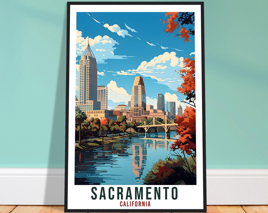 Sacramento California Skyline River Reflection Vintage Travel Poster