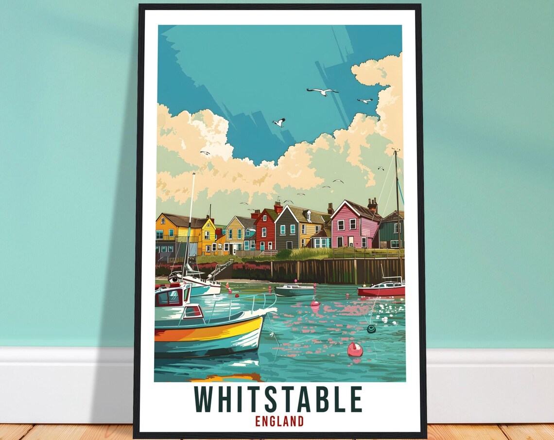 Whitstable England Harbor Boats Colorful Seaside Travel Poster