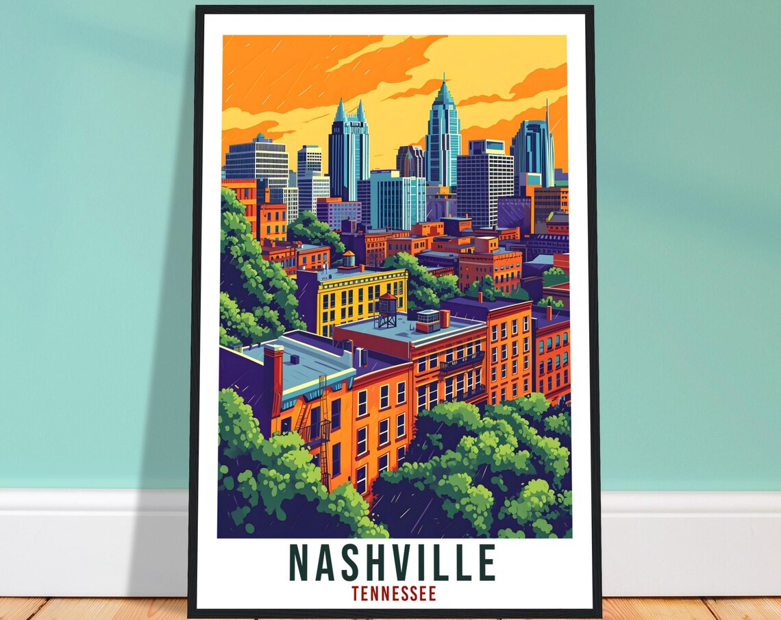 Nashville Tennessee Downtown Skyline Sunset Retro Travel Poster