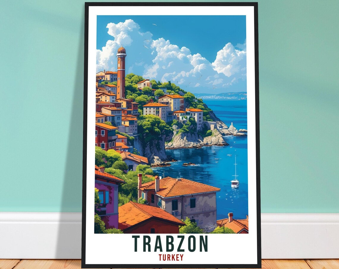 Trabzon Black Sea Cliffside Town Minaret Turkey Vintage Travel Poster