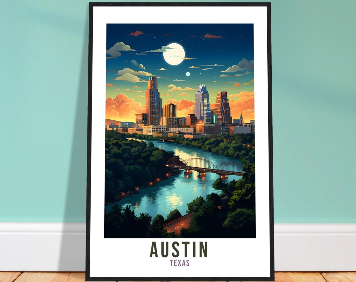 Austin Texas Moonlit Skyline River Bridge Night Scene Poster