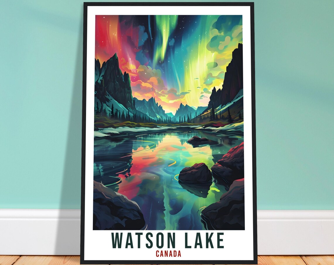 Watson Lake Canada Aurora Borealis Mountain Lake Night Poster