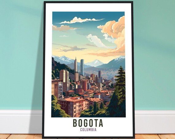 Bogota Colombia City Skyline Andes Mountains Sunset Vintage Travel Poster