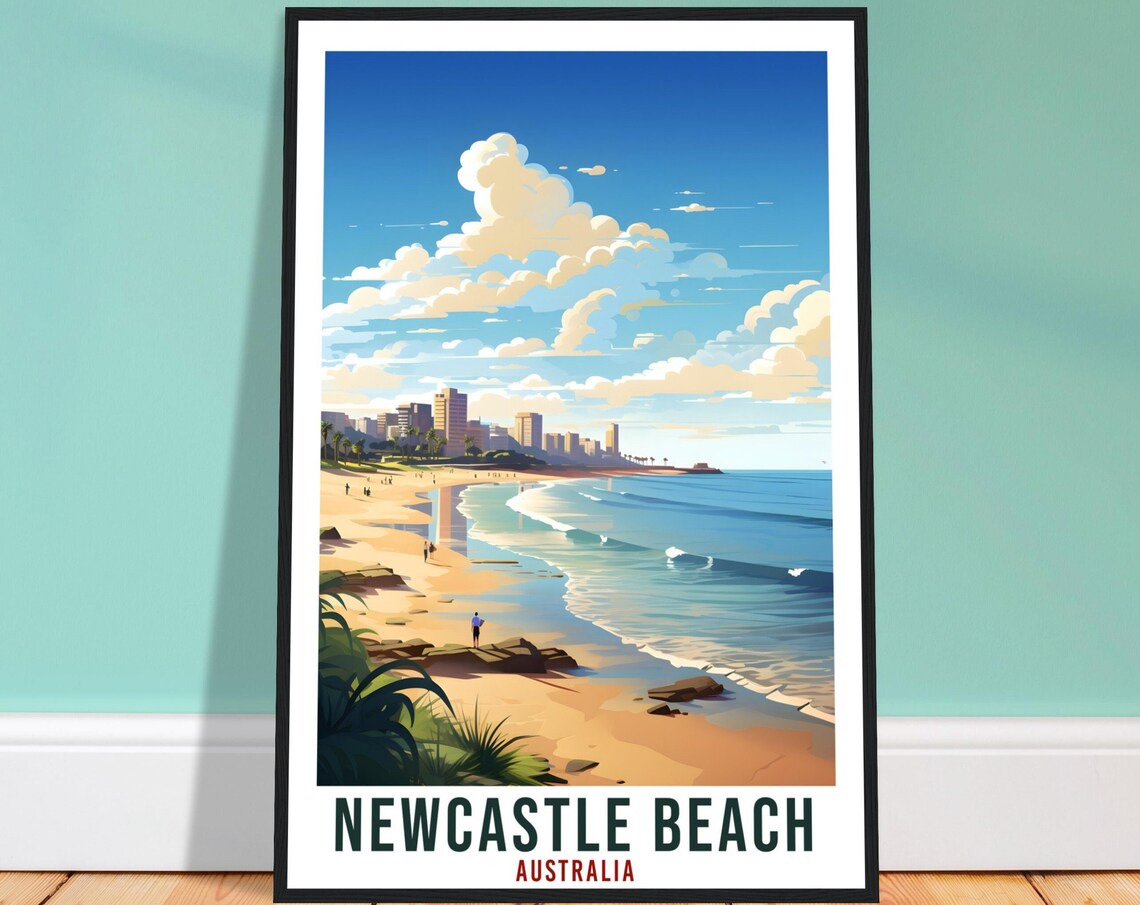 Newcastle Beach Australia Surf Coast Ocean Waves Travel Poster