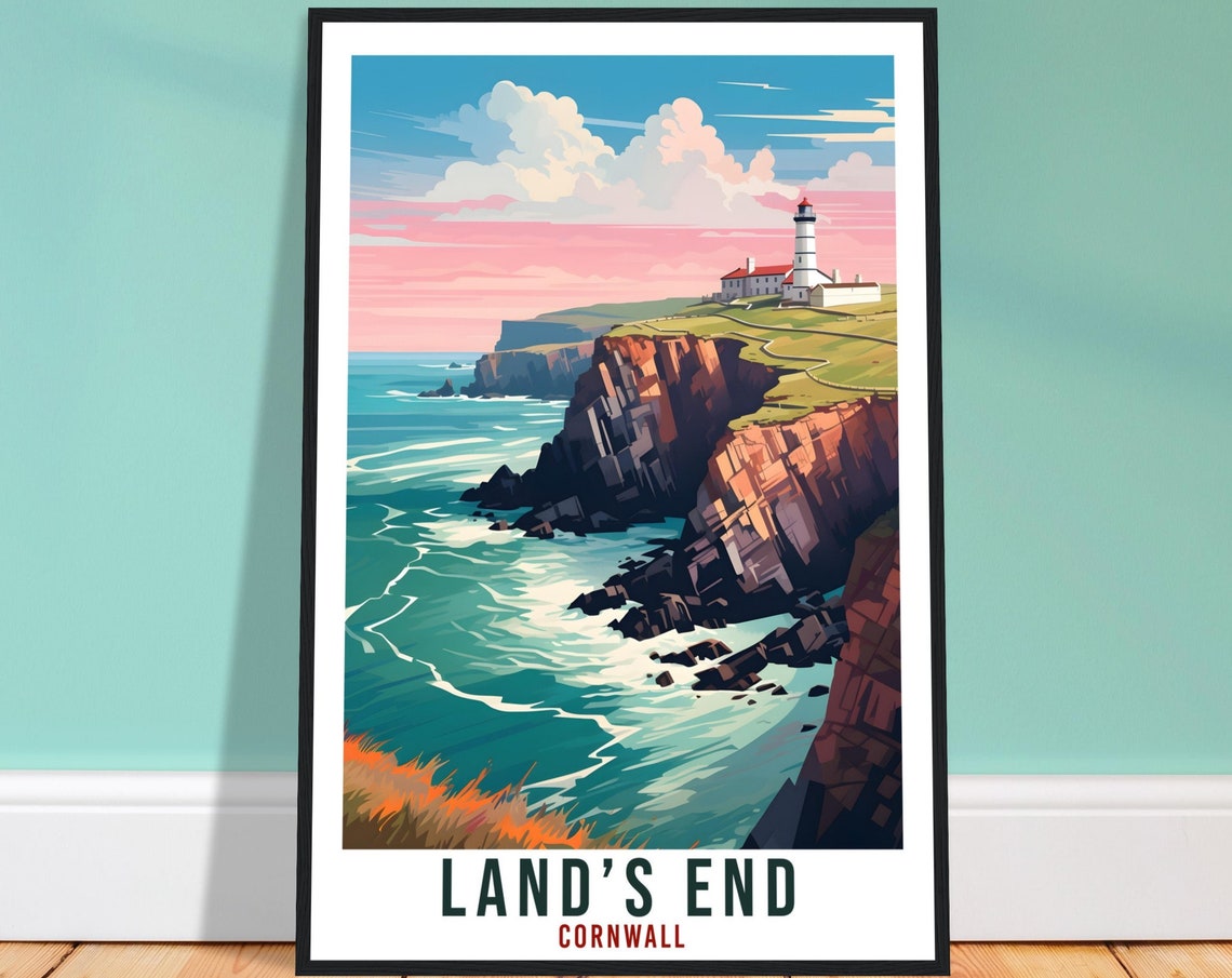 Lands End Cornwall Sea Cliffs Lighthouse Sunset Coastal Poster
