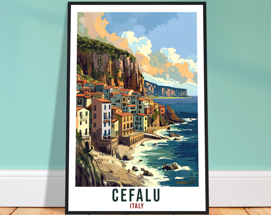 Cefalu Italy Colorful Coastal Town Beneath the Cliffs Travel Poster