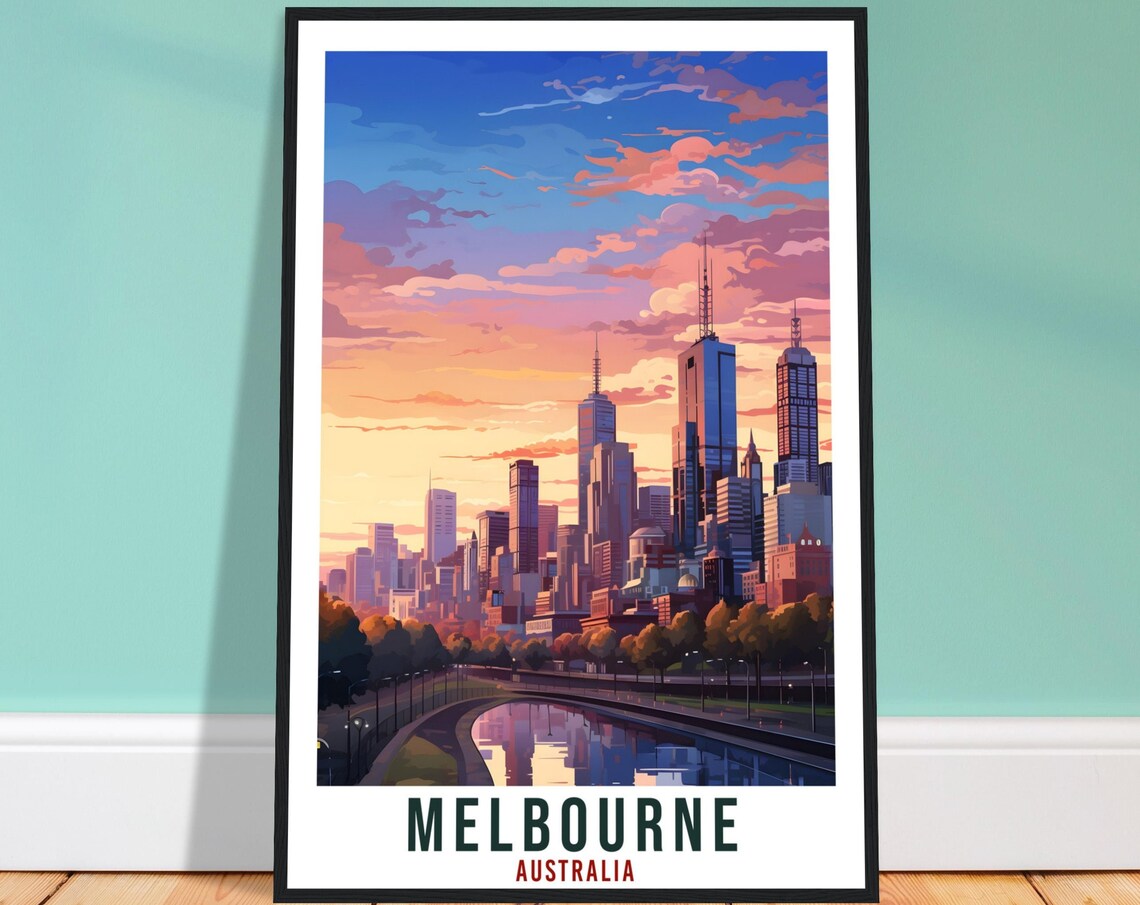 Melbourne Australia City Skyline Sunset River View Travel Poster