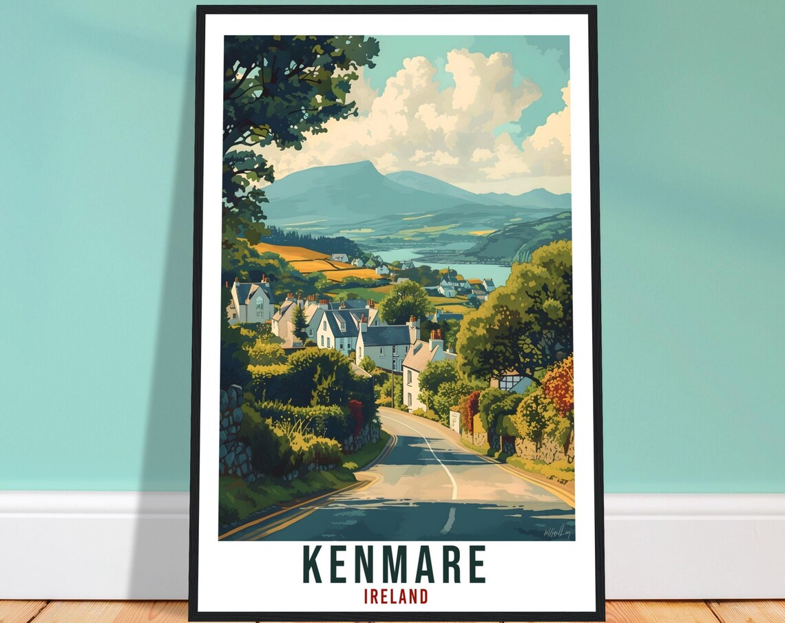 Kenmare Ireland Travel Poster Village Road Mountain Valley Artwork
