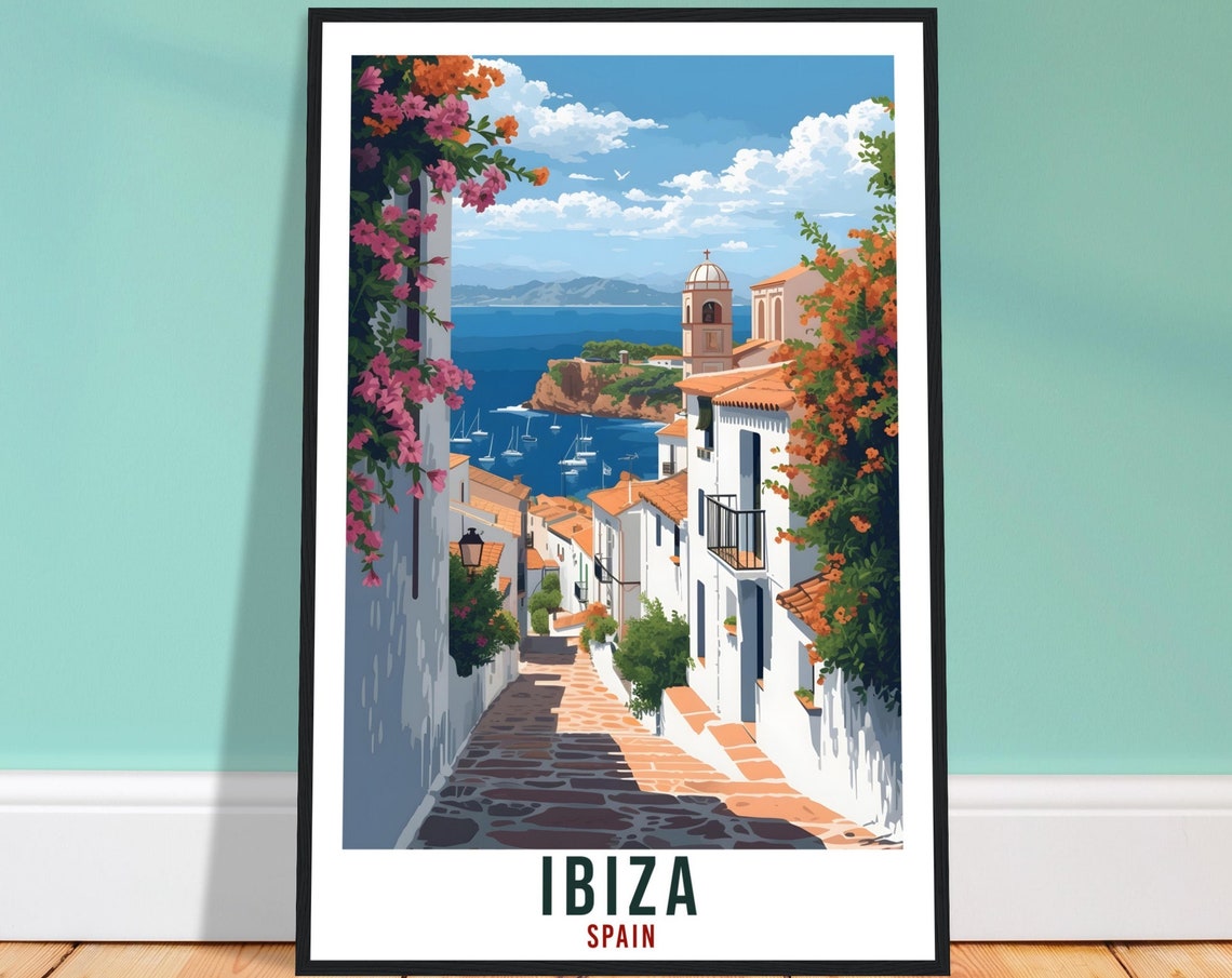 Ibiza Spain Flowered Retro Old Town Lane Seaview Travel Poster