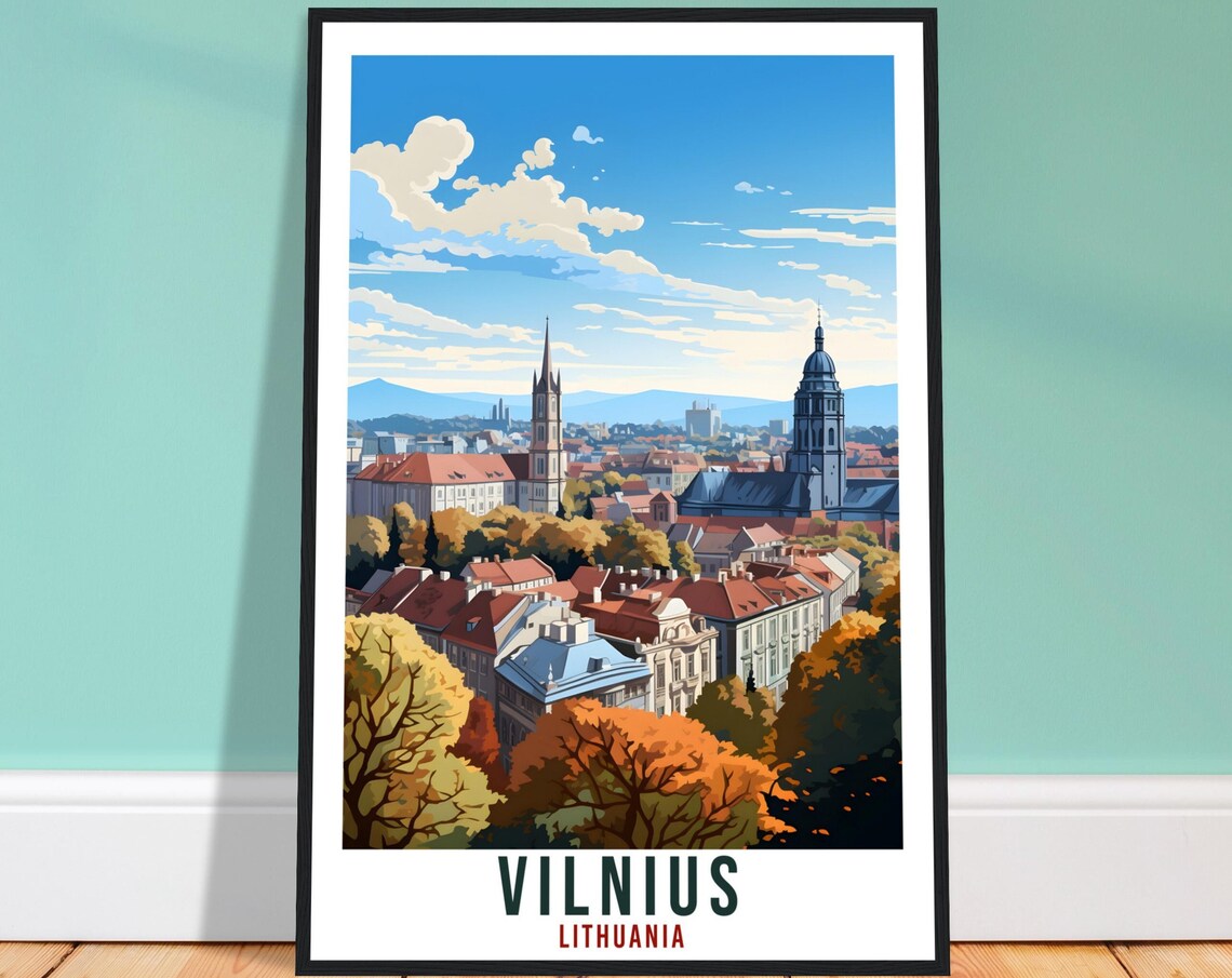 Vilnius Lithuania City Panorama Church Spires Autumn Vintage Poster