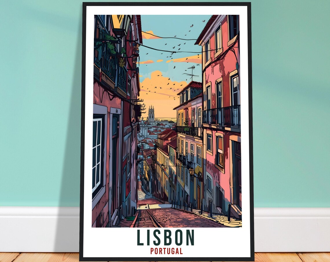 Lisbon Portugal Charming Old Town Street at Sunset River View Poster