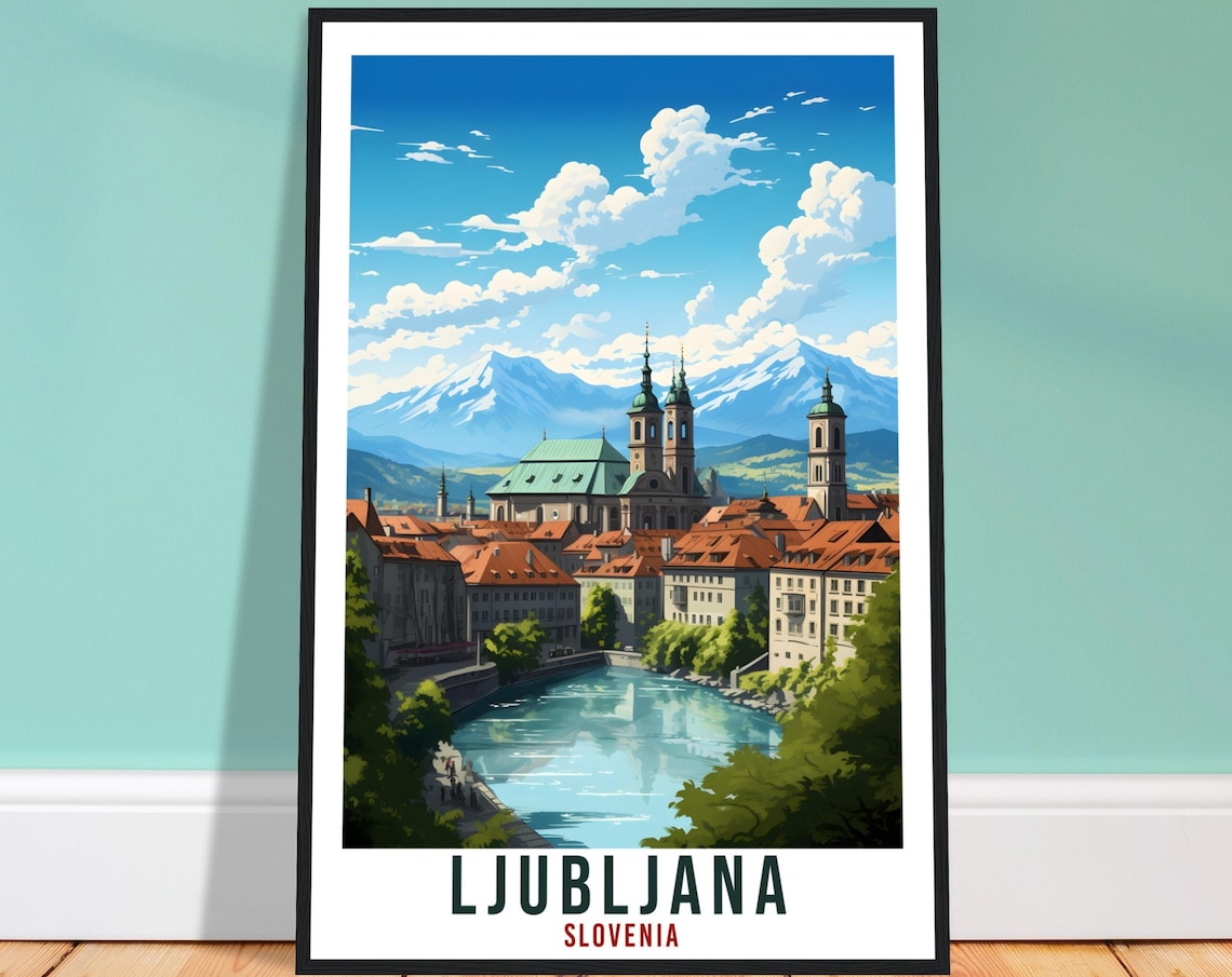 Ljubljana Old Town Riverside Cathedral Slovenia Vintage Travel Poster