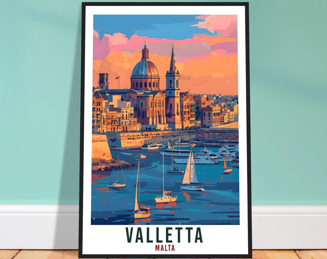 Valletta Malta Grand Harbor Sailboat Sunset Retro Travel Poster
