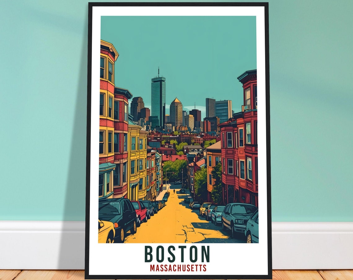 Boston Massachusetts Brownstone Street Downtown Skyline Poster