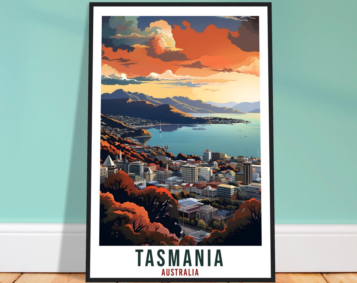 Tasmania Australia Sunset Bay City Mountains Vintage Travel Poster
