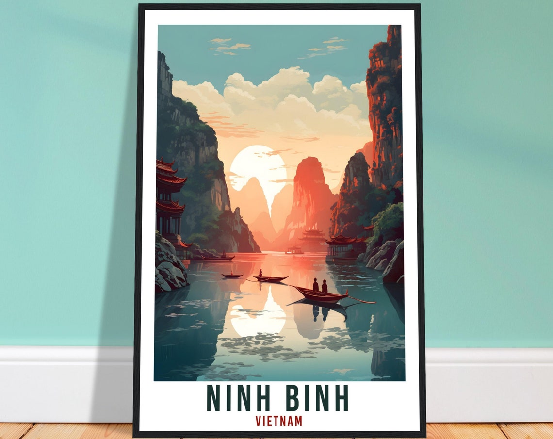 Ninh Binh Vietnam Karst Cliffs River Boats Sunset Travel Poster