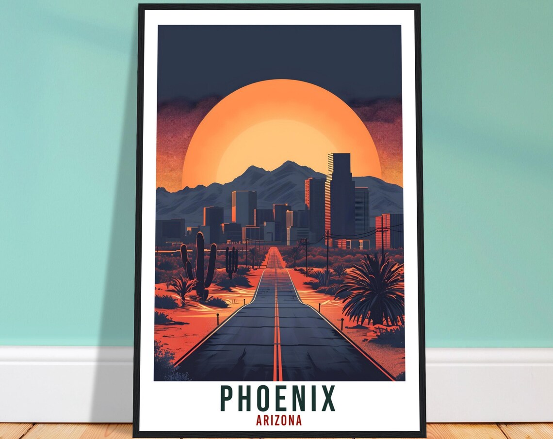 Phoenix Arizona Desert Road Cactus Skyline Sunset Scenic Art Poster