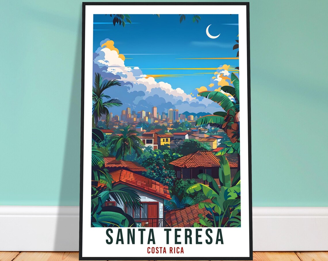 Santa Teresa Costa Rica Town Crescent Moon Palm Vintage Travel Poster