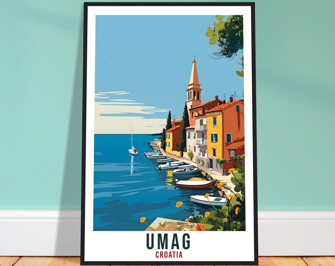 Umag Croatia Waterfront Promenade White Boats Retro Travel Poster
