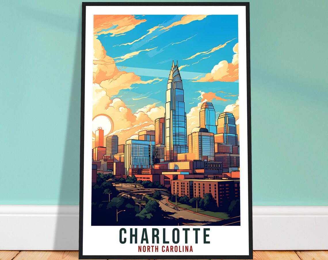 Charlotte North Carolina Skyline Golden Clouds Cityscape Poster