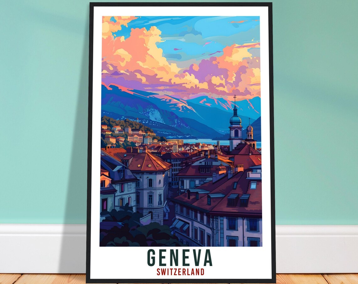 Geneva Switzerland Sunset Church Steeple Mountain View Travel Poster
