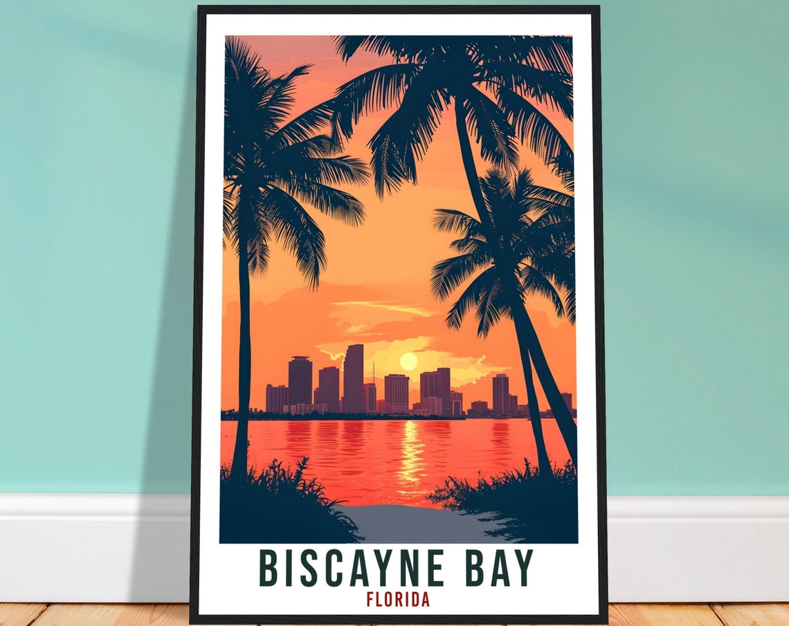 Biscayne Bay Florida Miami Sunset Palm Skyline Beach Art Poster